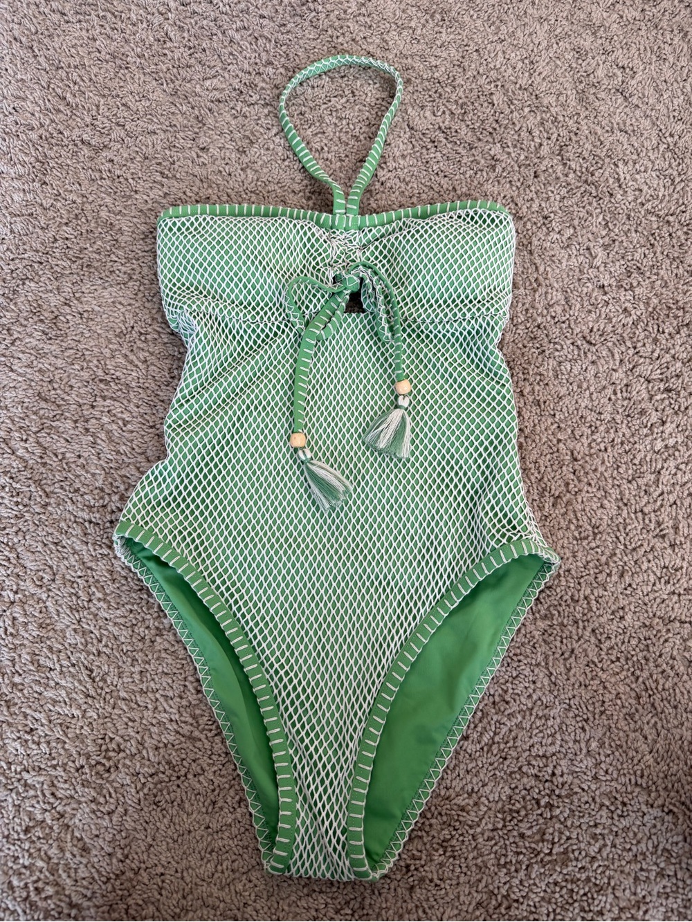 Lucky Brand Green One-Piece with White Net Overlay and Tassel Tie